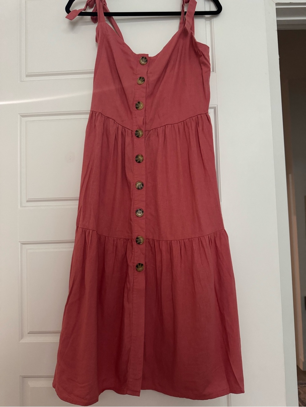 Button-Front Bow Strap Midi Dress in Dusty Rose